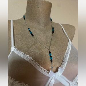 Handmade Rosary Necklace with Blue & Black Beads - Mini Length